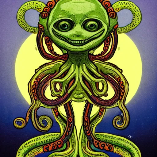 Prompt: cute portrait of alien full body with tentacles on his feet many eyes on his face with his ship destroyed