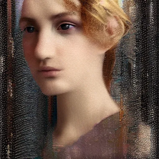 Prompt: glitch art, beautiful portrait of a young woman, by marie - denise villers, close - up, subdued tones, victorian dress