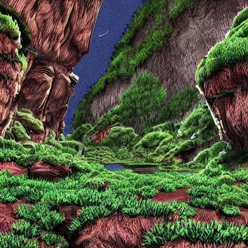 Prompt: digital artof a lush natural scene on an alien planet by lurid ( 2 0 2 2 ). beautiful landscape. weird vegetation. cliffs and water. interesting colour scheme. grainy and rough.