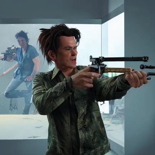 Image similar to hyperrealistic image of ace ventura firing an lmg, stunning 3 d render, inspired by istvan sandorfi & greg rutkowski & unreal engine, perfect symmetry, dim volumetric cinematic lighting, 8 k octane comprehensive render, extremely hyper - detailed, incredibly lifelike attributes, intricate, real flesh texture, masterpiece, artstation, stunning,