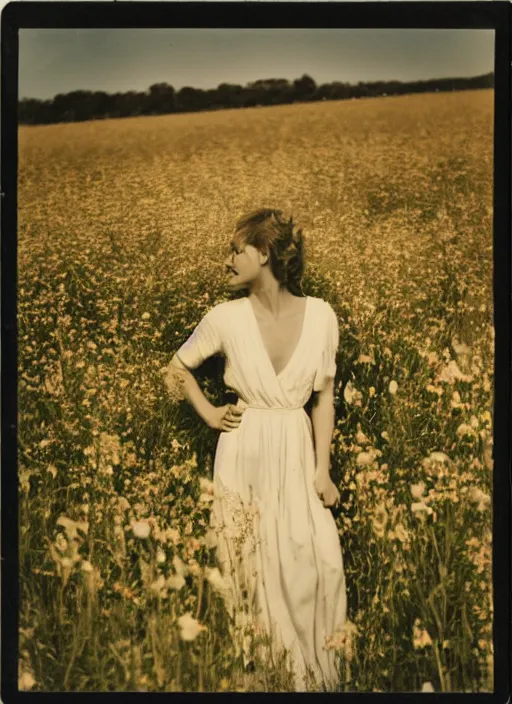 Prompt: a woman in a long flowing white dress in a field of wildflowers in the afternoon, flash polaroid photo by george hurrell, hazy light rays, golden hour