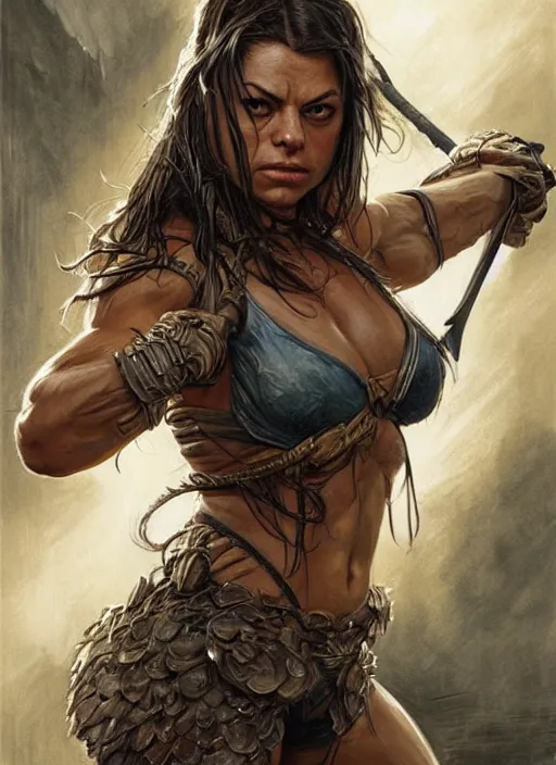 Image similar to exhausted Mila Kunis as a very muscled rugged looking Amazon, dirty, sweating, intricate, elegant, highly detailed, artstation, concept art, sharp focus, art by artgerm and donato giancola and Joseph Christian Leyendecker, WLOP