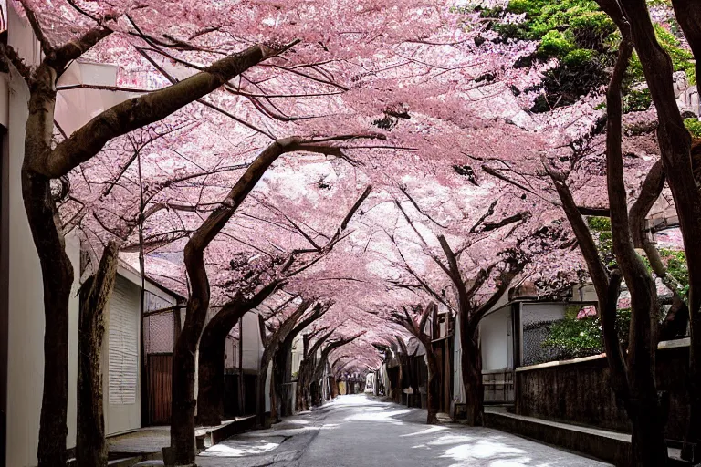 Image similar to beautiful Japanese alleyway with sakura trees by Vincent Di Fate, rule of thirds, beautiful, sharp focus