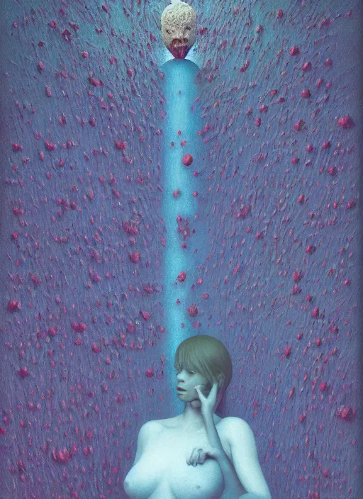 Image similar to She Eats Joyfully of the Suffocating Azure Fruit and Her spiderlike gossamer glistening polyp blossoms bring iridescent fungal flowers whose spores black the foolish glaring stars Edward Hopper and James Gilleard, Zdzislaw Beksinski, Mark Ryden, Wolfgang Lettl highly detailed