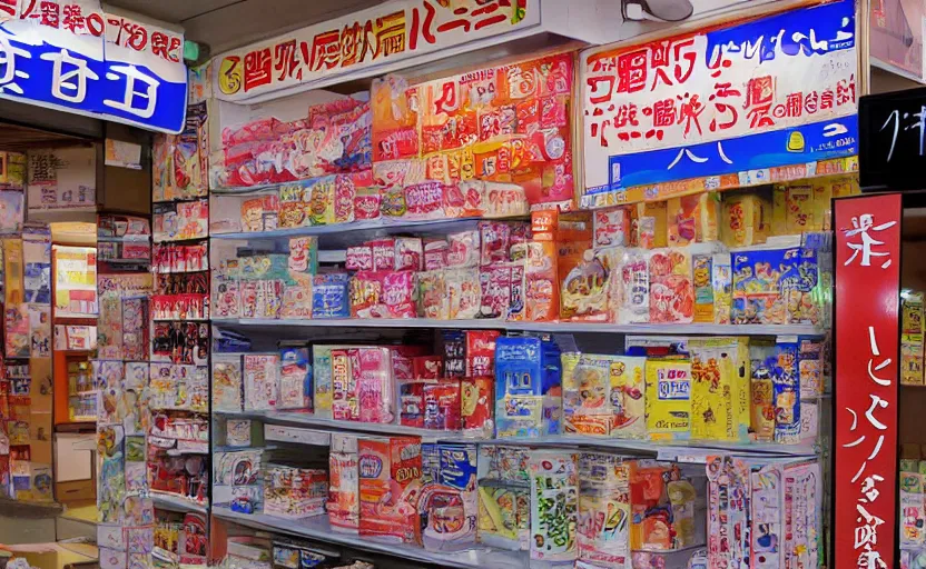 Prompt: japanese convenient store after midnight, 1 9 9 0 s, empty, television screens with static noise, bright fluorescent light