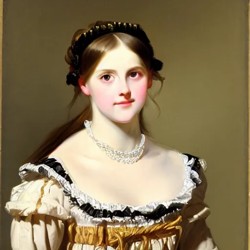 Image similar to portrait of a german teenage princess, circa 1 8 5 0 by franz xaver winterhalter, highly detailed, beautiful, oil on canvas, 1 8 5 0 s, romanticism