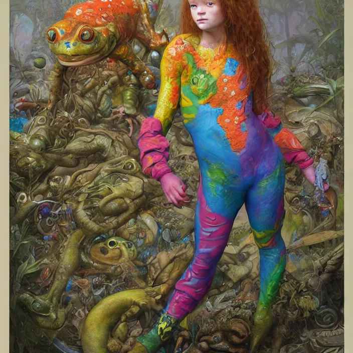 Image similar to a portrait photograph of sadie sink as a brightly colored amphibian hybrid with wet mutated skin. wearing a catsuit many body modifications. by tom bagshaw, donato giancola, hans holbein, walton ford, gaston bussiere, brian froud, peter mohrbacher and magali villeneuve. 8 k, cgsociety