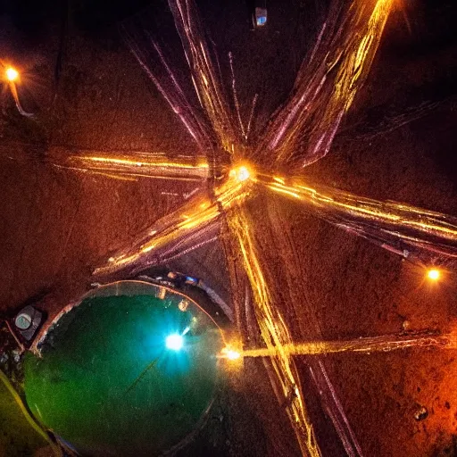 Image similar to shot from drone, real life, summoning, ritual, bright lights, witchcraft, by greg rutkowksi