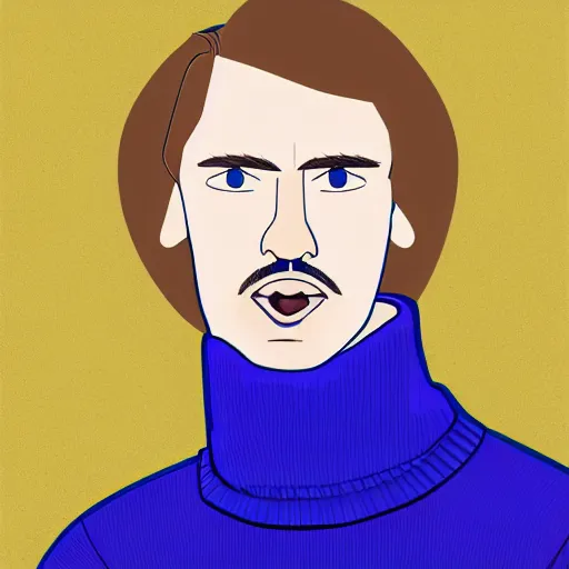 Prompt: A gangly british man, with short blond hair and stubble wearing a corduroy jacket and turtleneck , blue eyes, pale skin, English heritage, digital art, cartoon, mid-shot, 8k