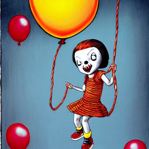 Image similar to grunge cartoon painting of a little girl playing with a jump rope with a wide smile and a red balloon by chris leib, loony toons style, pennywise style, horror theme, detailed, elegant, intricate