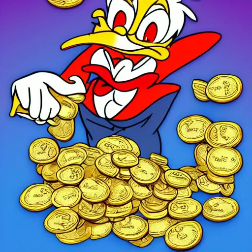 Prompt: scrooge mcduck driving into a pile of gold coins