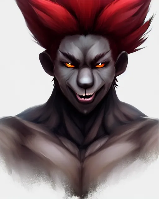 Image similar to character concept art of a black anthropomorphic male furry wolf long red hair | | cute - fine - face, pretty face, key visual, realistic shaded perfect face, fine details by stanley artgerm lau, wlop, rossdraws, james jean, andrei riabovitchev, marc simonetti, and sakimichan, trending on artstation