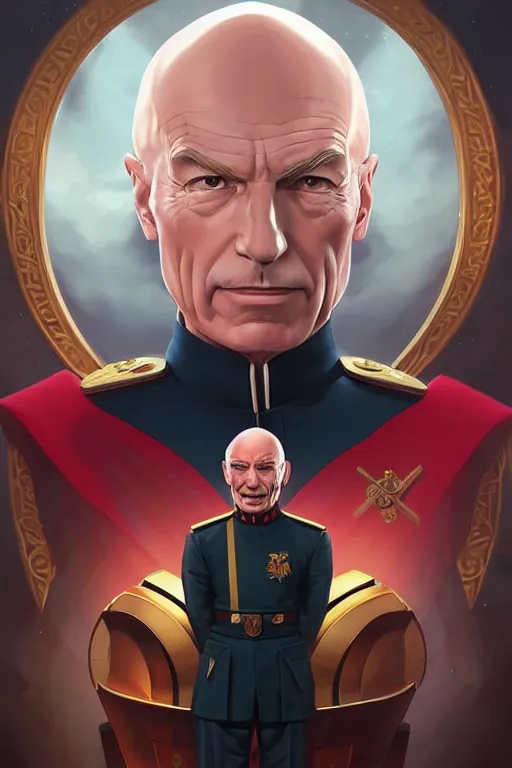 Image similar to portrait of fascist tyrant captain picard by artgerm, tooth wu, dan mumford, beeple, wlop, rossdraws, james jean, marc simonetti, artstation giuseppe dangelico pino and michael garmash and rob rey and greg manchess and huang guangjian and makoto shinkai