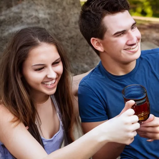 Prompt: very nervous male college student on his first date with a very attractive female at college shotgunning a beer on his birthday, in real life, hyper realistic, realistic, great detail, very very detailed, detailed, 8 k, 4 k uhd