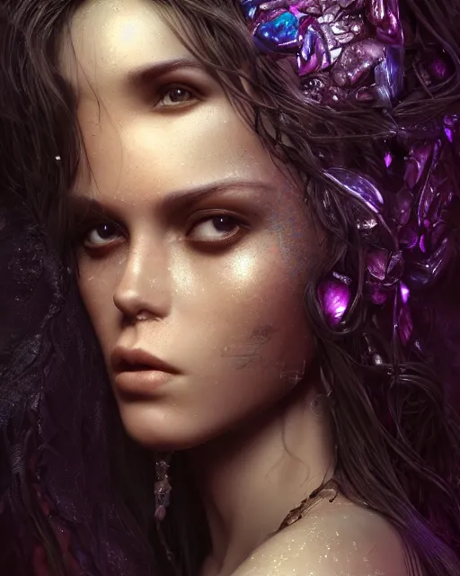 Image similar to beauteous sumptuous dark empress with incredible iridescent pearlescent voluminous hair, photorealistic crystalline masterpiece incrustations, hyperdetailed kind face, elegant pose, movie still, cinematic forest lighting, intricate accuracy, octane render, cgsociety, artgerm, unreal engine, crepuscular rays, god rays