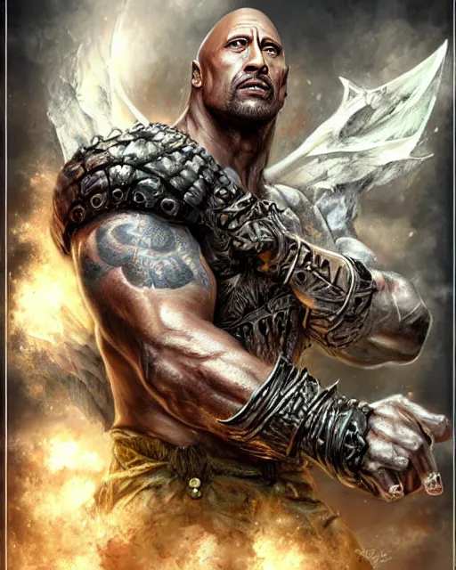 Image similar to dwayne johnson, dnd, high fantasy. royo, artgem, wlop