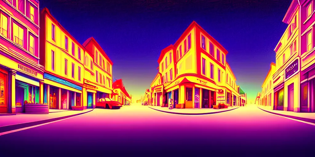 Prompt: curved perspective digital art of a summer night small town street pastel colors by petros afshar and tim burton, 1 5 º camera angle