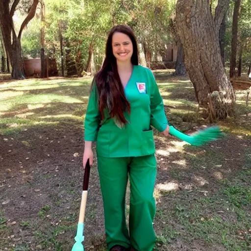 Image similar to a nurse with long brown hair and wearing green scrub pants riding a broomstick like a witch