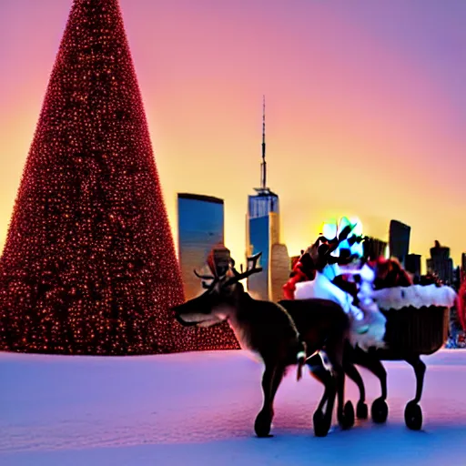 Prompt: santa claus in a sleigh with reindeers in front of world trade center with a beautiful sunset in the background