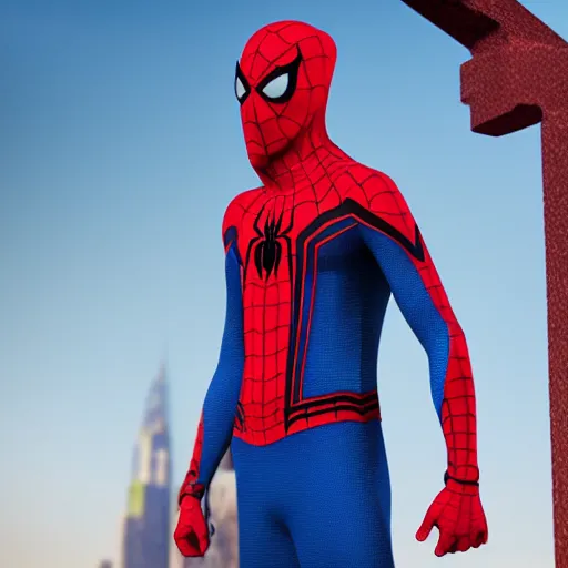 Image similar to fully red spider-man with blue hoodie, 4k realistic photo