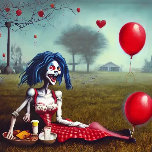 Image similar to grunge painting of a picnic with a wide smile and a red balloon by chris leib, loony toons style, pennywise style, corpse bride style, horror theme, detailed, elegant, intricate, conceptual, volumetric light