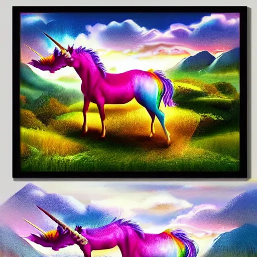 Prompt: ''A colorful unicorn on a beautiful fantasy landscape, hills, mountains, sunlight, HD, illustration, epic''