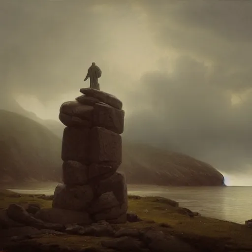 Image similar to giant stone man by grzegorz rutkowski, atmospheric haze, stormy, tundra, hudson river school, princess in foreground, large scale