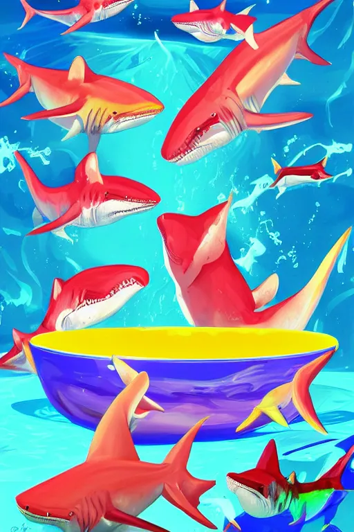 Image similar to colorful sharks swimming in a cereal bowl, digital art, artstation trending, digital painting