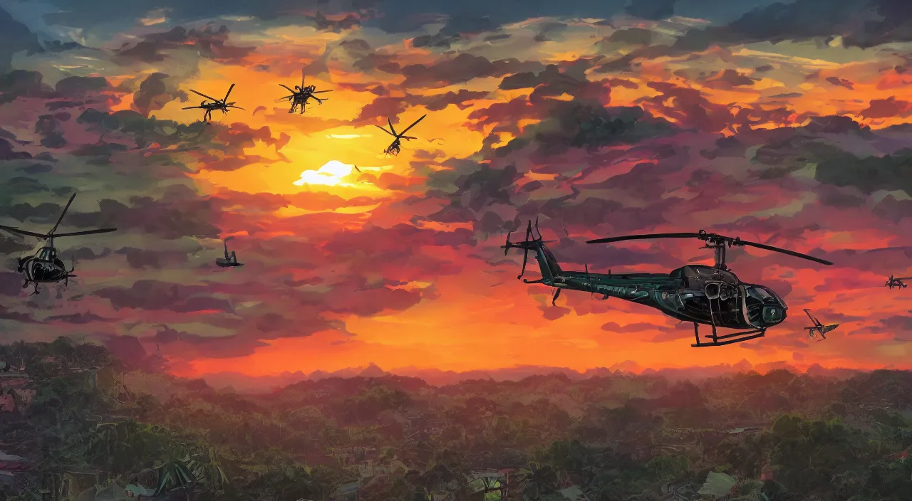 Image similar to helicopters flying low over jungle mountains sunset sky rice patties beautiful artstation 4 k breathtaking graphic novel concept art illustration cartoon by jack kirby