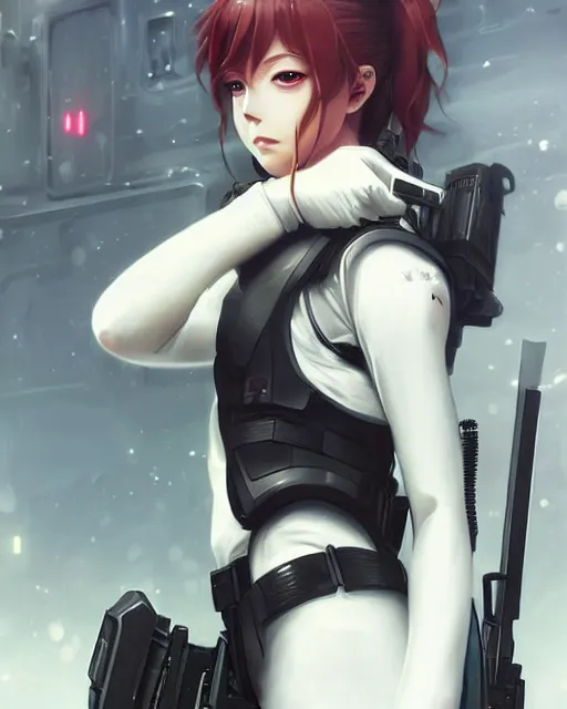 Image similar to nami, anime key visual of a young female swat officer, neon, cyberpunk, futuristic, white clothing, black vest, swat helmet, stunning, highly detailed, digital painting, smooth, soft focus, illustration, 4 k digital art from artstation by artgerm and greg rutkowski and alphonse mucha