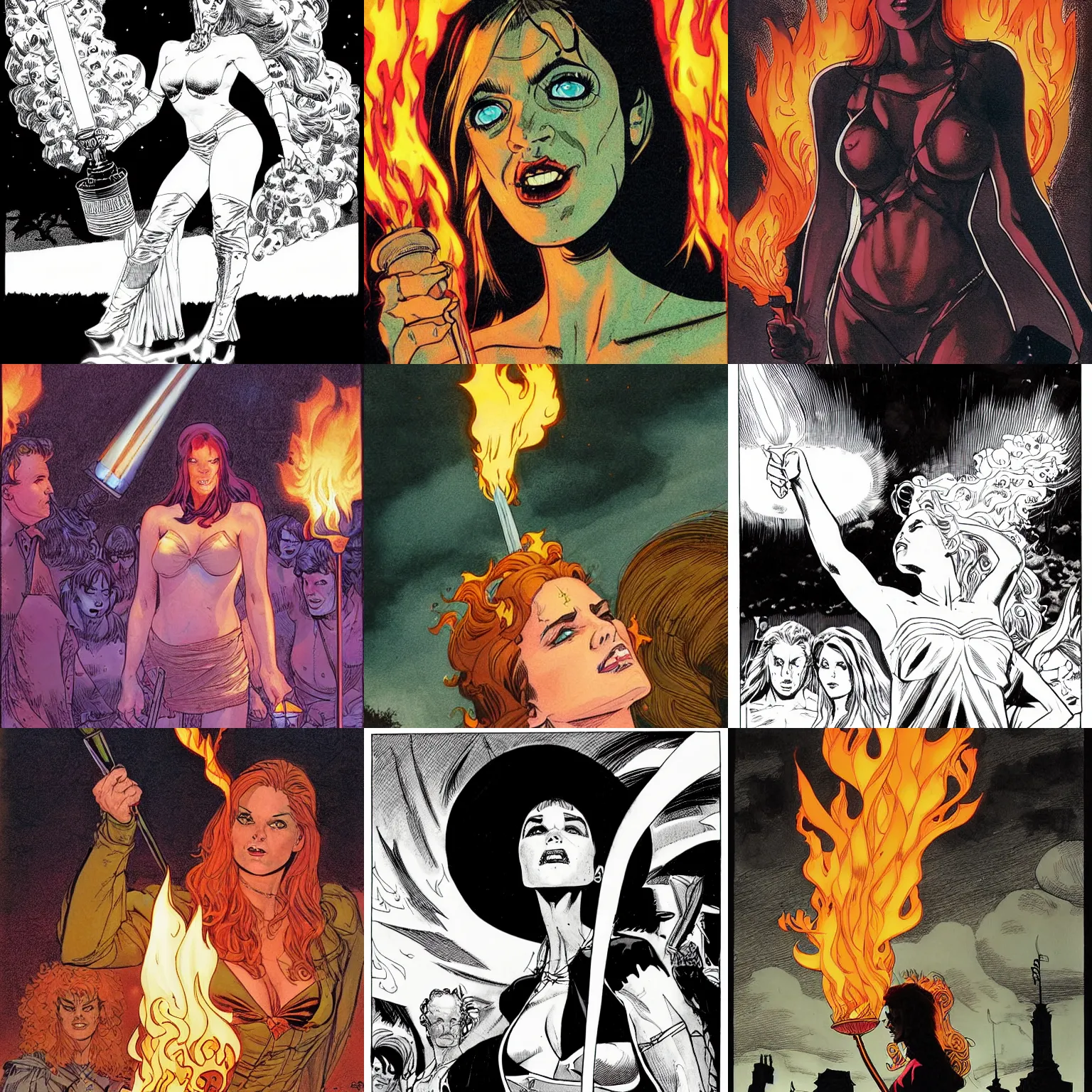 Prompt: Night, low-angle-shot looking up portrait of pretty woman holding flaming torch looking up at a Scottish pagan festival in 1973, face, comic book panel by Travis Charest and Phil Noto and Gary Millidge and Sean Phillips, very detailed, ink page, line art