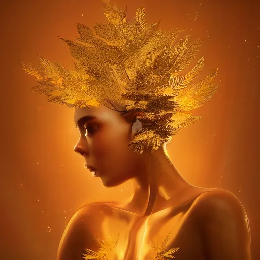 Image similar to a highly detailed digital image of a futuristic elegant woman wrapped with golden leaves, artstation, extremely detailed woman, stunning volumetric lighting, 4k,