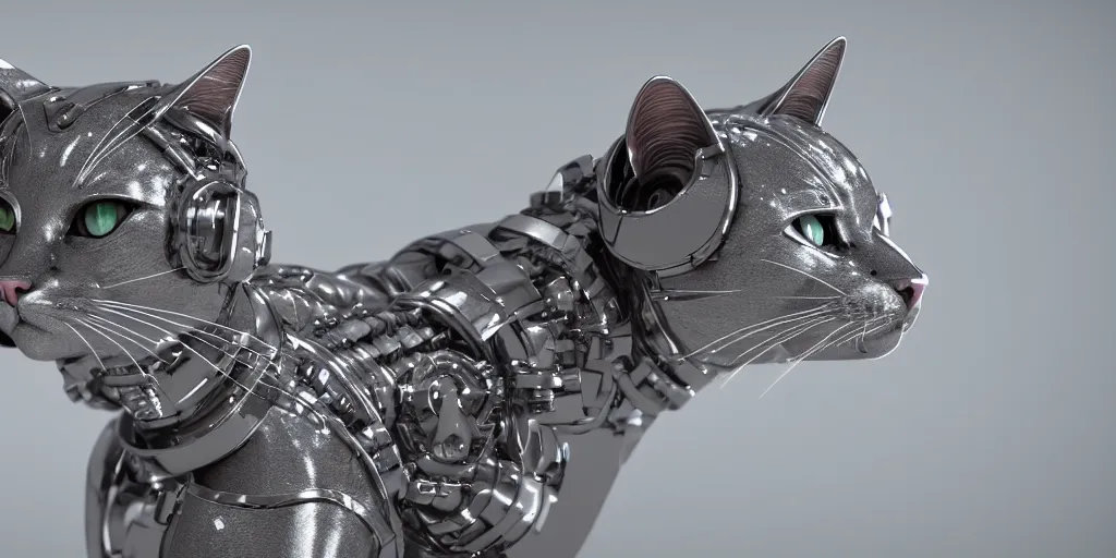 Image similar to a modern cybernetic cat made from porcelain and steel, insane reflexions, pastel colored, daylight, peaceful, 8 k, ambient occlusion, octane render