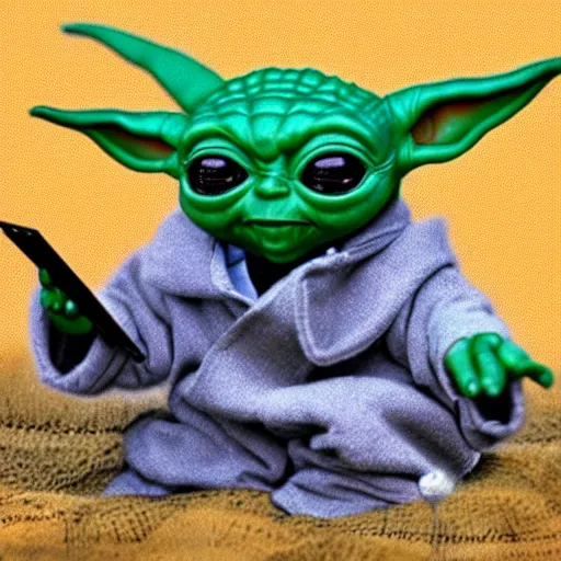 Prompt: baby yoda using a ThinkPad, highly detailed, realistic, cinematic