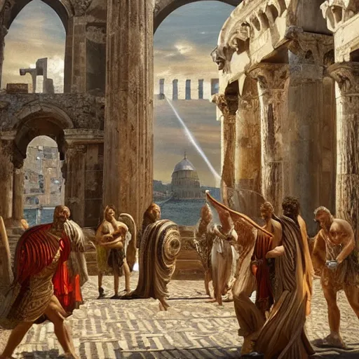Prompt: greek gods walking around in ancient constantinople, oil on canvas, trending on artstation, cinematic composition, insanely detailed, hd