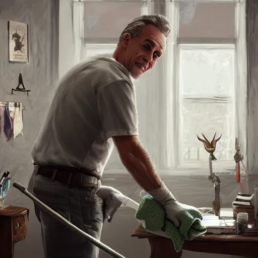 Image similar to jordan peterson cleaning his room, very detailed, artstation, cgsociety, f /1.3