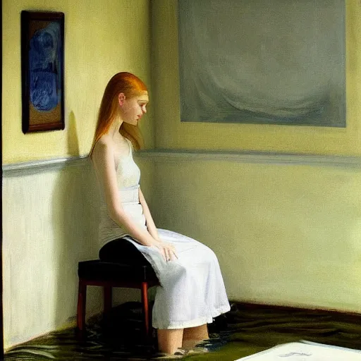 Prompt: painting of Elle Fanning in a flooded house, by Edward Hopper