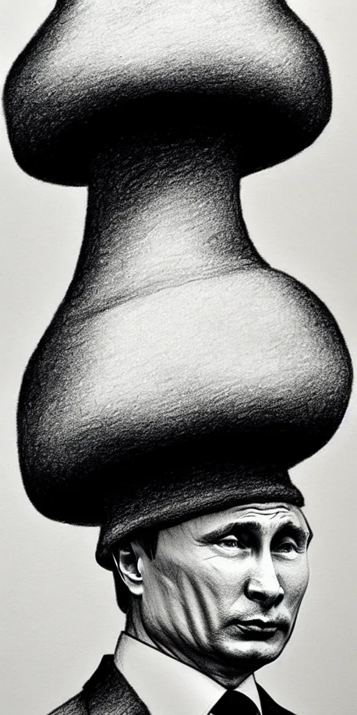 Image similar to vladimir putin with a mushroom cloud hat, cartoonish, ultra detailed pencil drawing