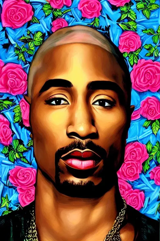 Image similar to Tupac, illustrated in whimsical style, portrait by Kehinde Wiley!!, roses, artgerm, loish, oil painting,