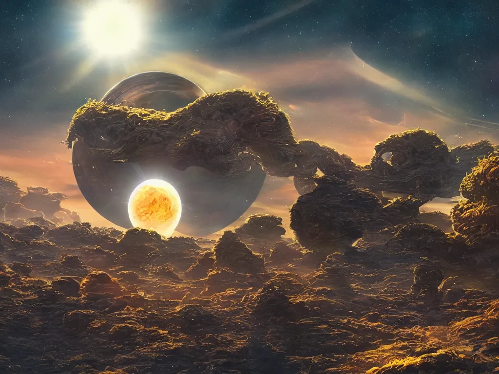 Image similar to alien planet full of weird vegetation and beautiful creatures, twin suns set on the horison as a spaceship melts through the sky