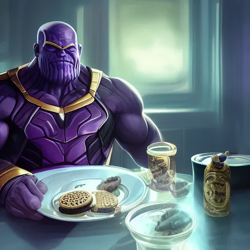 Image similar to Thanos sitting down at a table eating Oreos, hyperdetailed, artstation, cgsociety, 8k