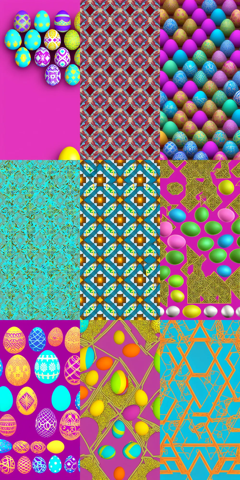 Prompt: vector illustration of 2 - dimensional repeating islamic geometric designs and easter eggs. the color theme is # ce 0 cf 7 # 0 0 faa 8 # 3 6 4 5 4 f. octane render, 4 k, high detailed.