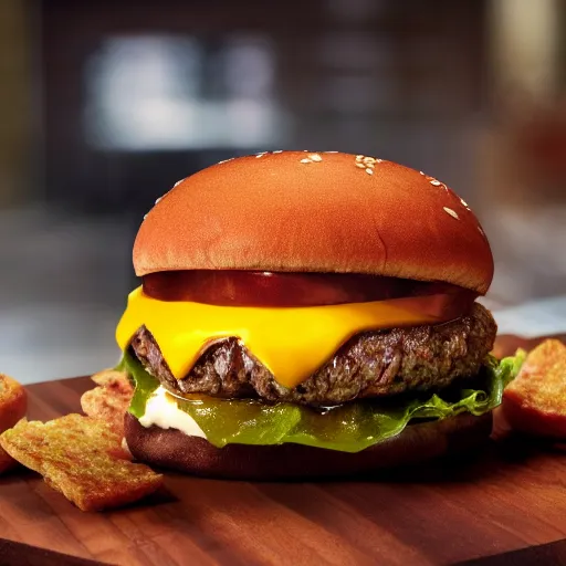 Prompt: a photograph of the new gollum burger from mcdonalds, it looks mouth watering with melting cheeses and grilled onions, 1 0 0 0 island dressing and pumpernickle bread cooked to perfection, food photography