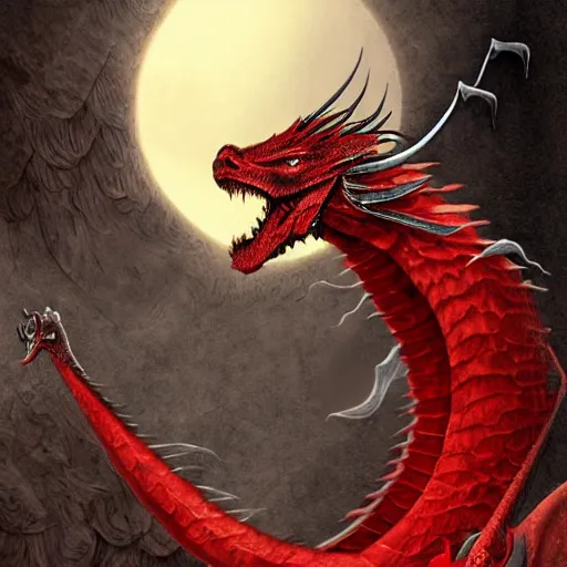 Image similar to gandalf riding a huge red dragon, highly detailed, digital art