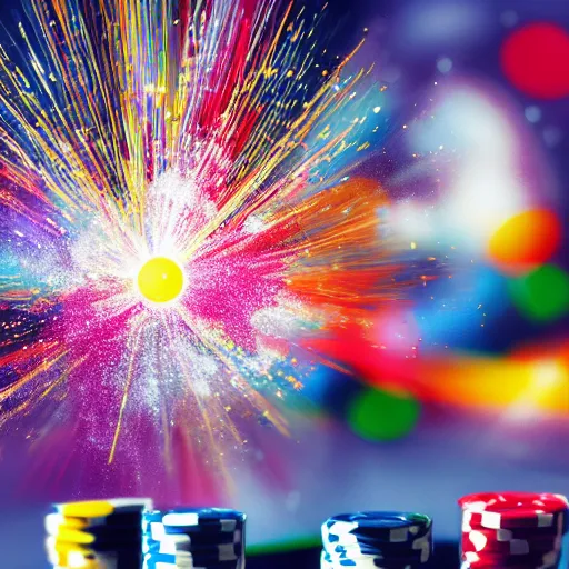 Image similar to poker cards fly through the air at a centered explosion of colorful powder on background by maxvanzwerg