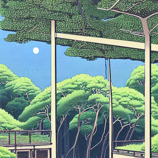 Image similar to painting by Hasui Kawase, atmospheric cozy futuristic organic white concrete house in the middle of a lush and dense forest at night, a beautiful lake next to it, night time, night sky, starry night sky, by Hasui Kawase