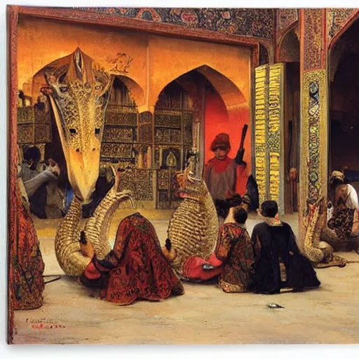 Image similar to dragons on display in a dragon auction in the grand bazaar of isfahan by edwin lord weeks