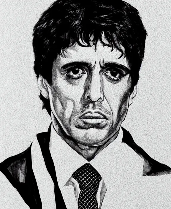 Image similar to headshot portrait. tony montana from movie scarface 1 9 8 3. al pacino, perfect symmetric face, coherent eyes, fine details., 4 k, red and black ink paint