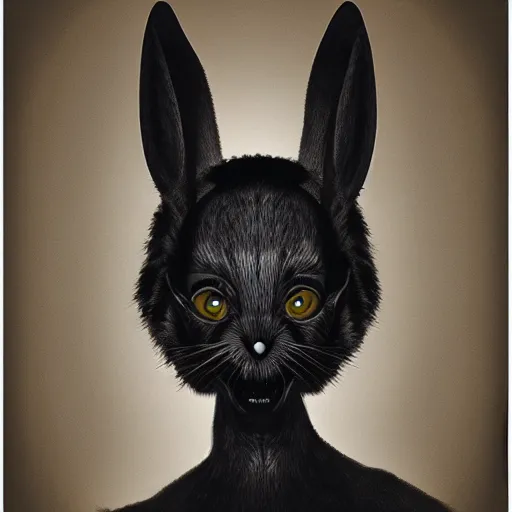 Prompt: A extremely highly detailed majestic hi-res beautiful, highly detailed head and shoulders portrait of a scary terrifying, horrifying, creepy black cartoon rabbit with scary big eyes, laughing in the style of Walt Disney