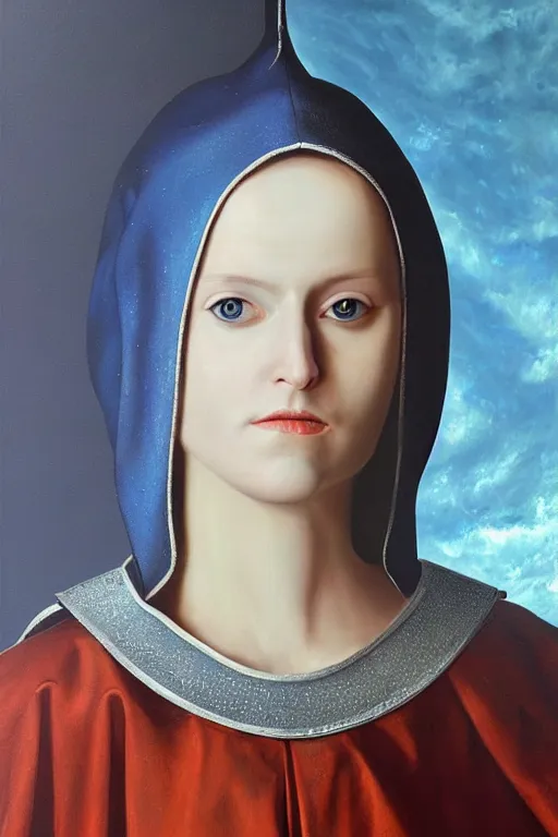 Image similar to hyperrealism oil painting, close - up portrait of european medieval nun albino fashion model, knight, steel gradient mixed with nebula sky, in style of baroque